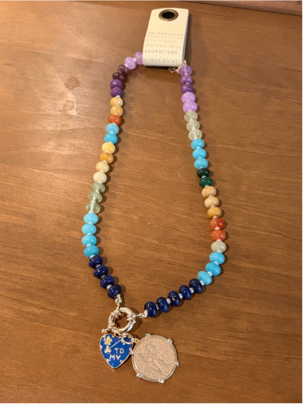 Women's Anthropologie Beaded Charm Necklace Rainbow Gemstone 14K Gold Plated NWT